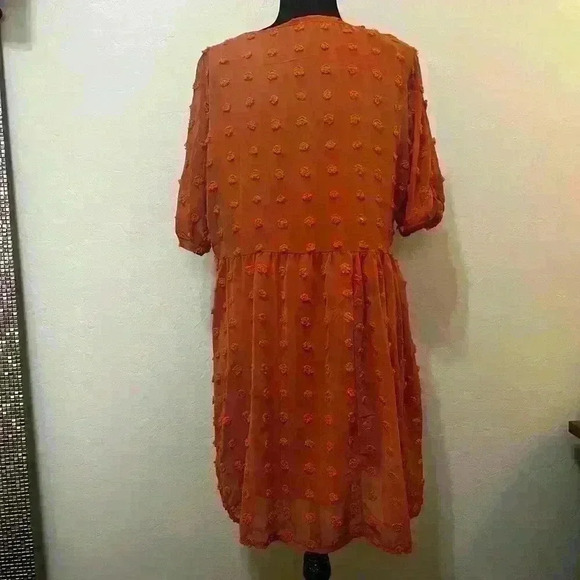 Kirundo Women's Dress Terracotta Pom Texture Sheer Flowy Short Sleeves Lined L - Picture 2 of 7
